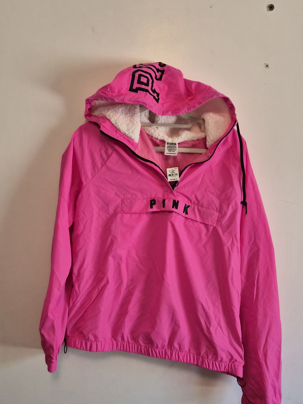 PINK Victoria's Secret Bright Pink Sherpa-Lined Hooded Pullover